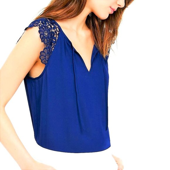 Vibrant Blue Crocheted Sleeves Tie Neck Blouse XS - Picture 1 of 15